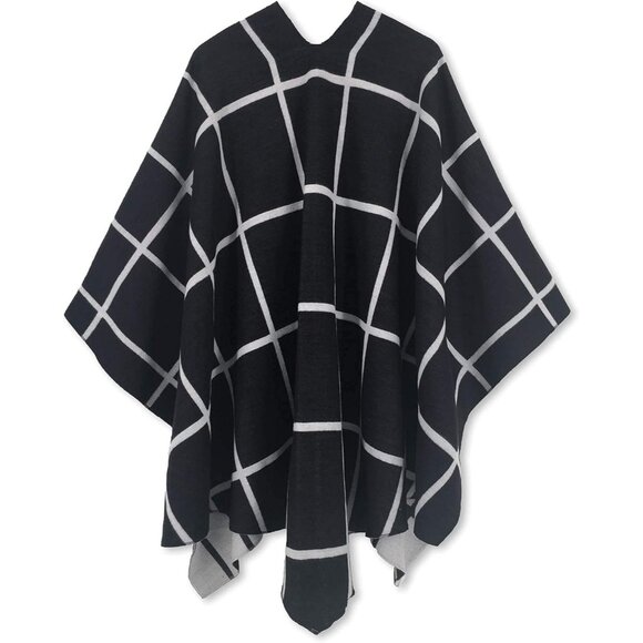 Women Shawl Wrap Poncho Ruana Cape Open Front Cardigan Fall Winter Black White - Picture 6 of 9